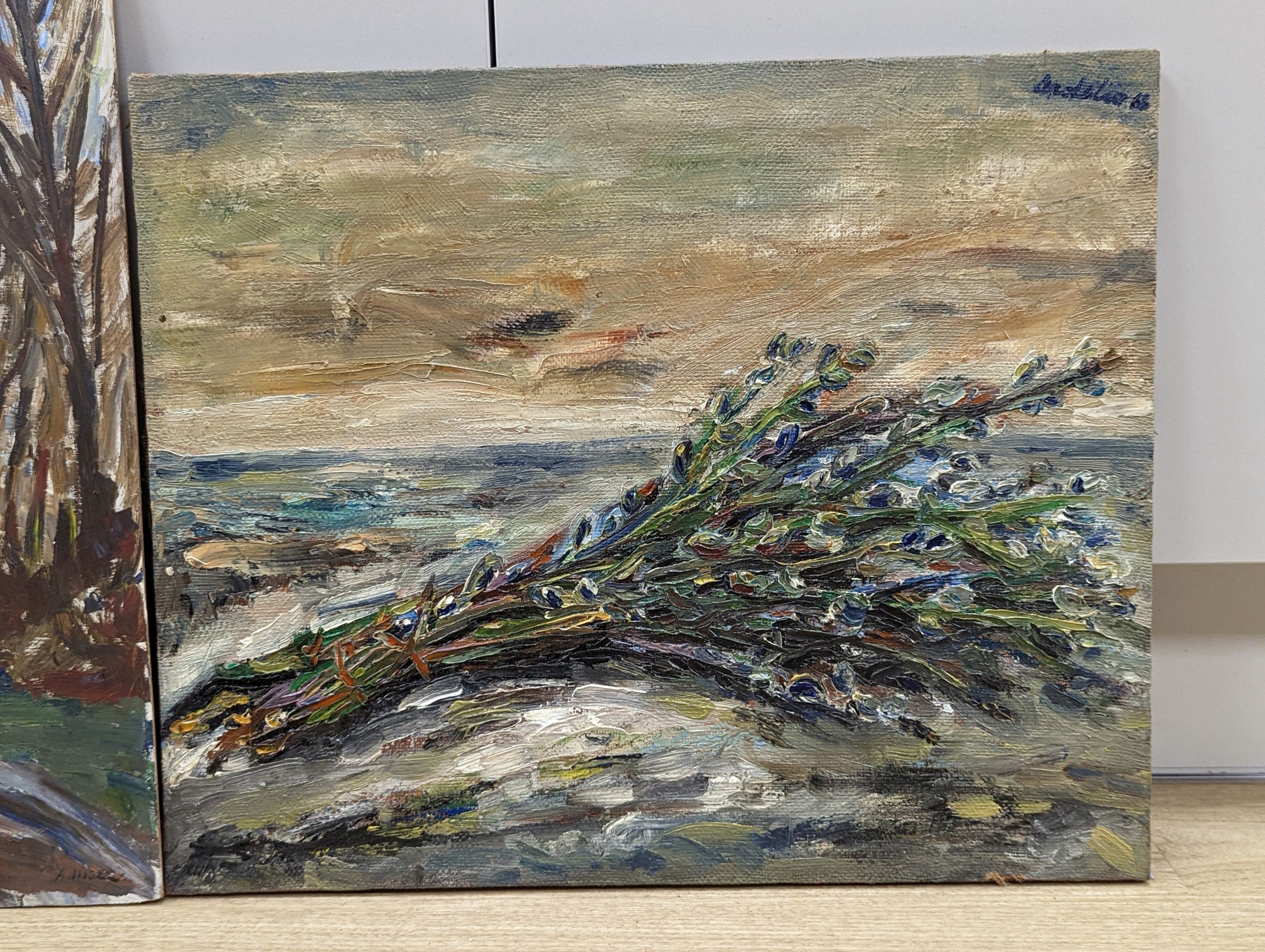 French School, oil on canvas, Still life of a bunch of flowers, indistinctly signed and dated '68, 40 x 49cm, unframed, and an oil of a tree lined lane, signed Ingle, 50 x 40cm